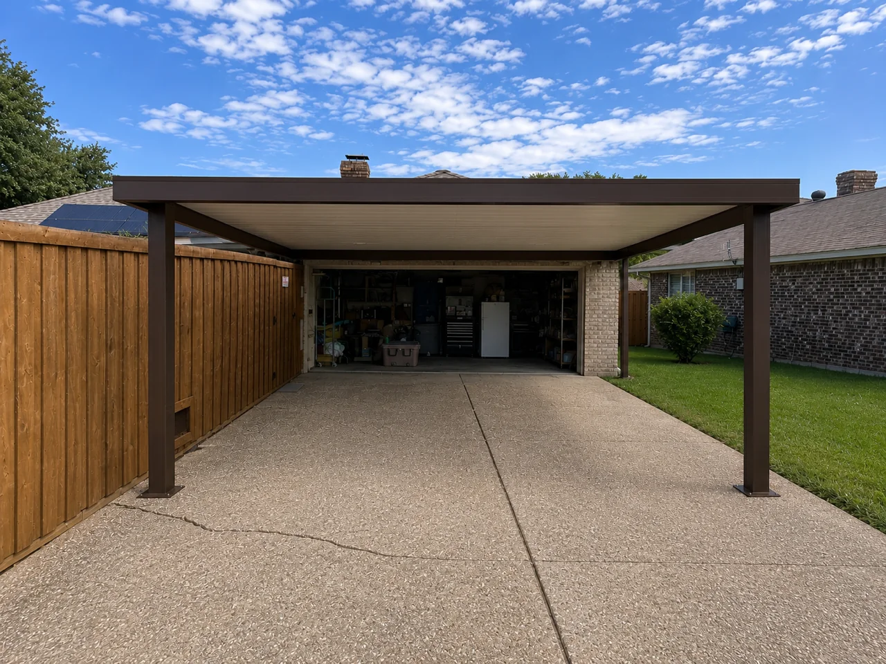 Brown flat roof red iron carport installed over a residential driveway in Dallas, Texas