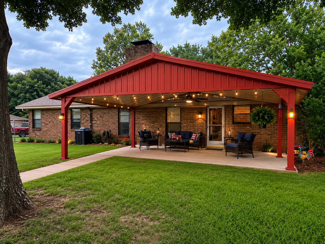 Red metal patio cover creating an outdoor living area at a home in DeSoto, Texas