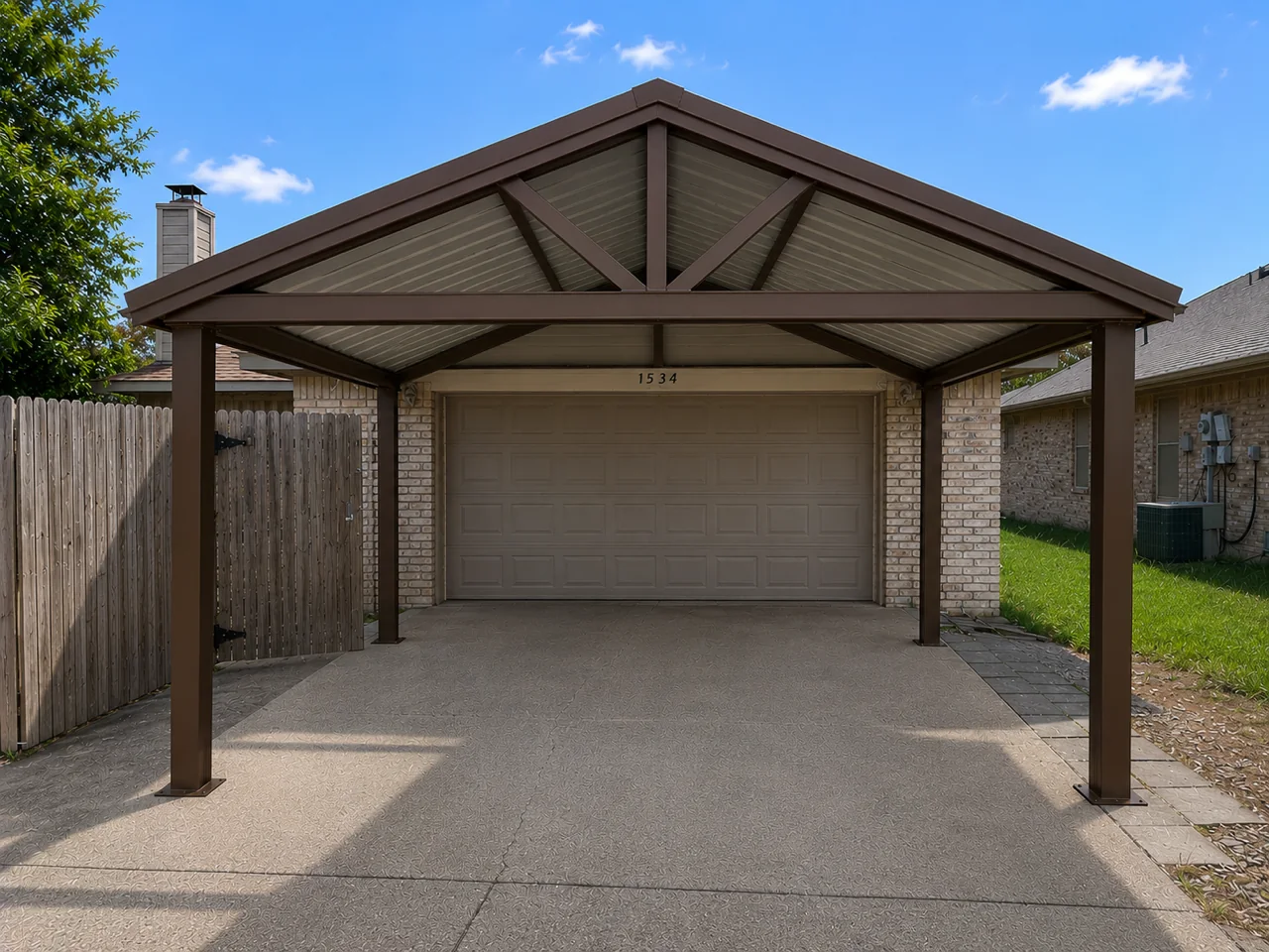 Brown gable roof red iron carport installed over a residential driveway in Lewisville, Texas